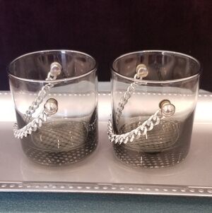 Unique Mid Century Modern Smoke Grey Lowball Cocktail Glass & Silver Chains.
